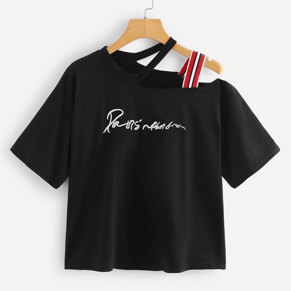 

Plus Asymmetrical Neck Slogan Embroidered Tee