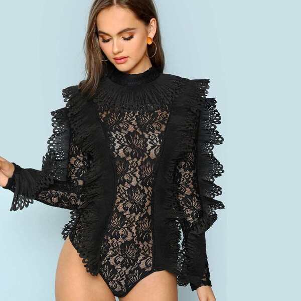 

Ruffle Embellished Sheer Lace Bodysuit, Black