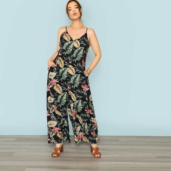 

Plus Tropical Print Wide Leg Cami Jumpsuit, Multicolor