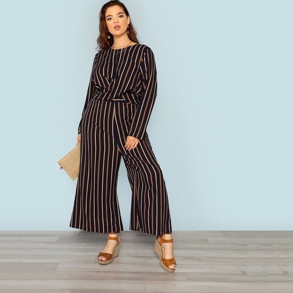 

Plus Cross Wrap Front Striped Jumpsuit, Multicolor