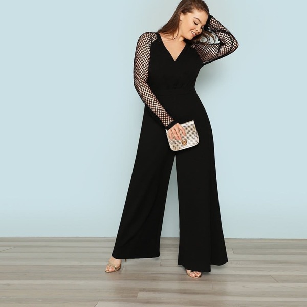 

Plus Fishnet Sleeve Wide Leg Jumpsuit