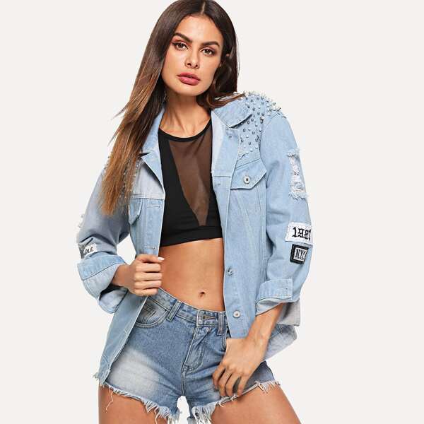 

Denim Single Breasted Ripped Jacket, Blue