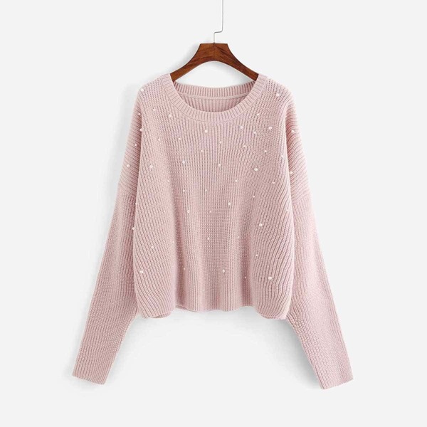 

Plus Drop Shoulder Pearl Beading Sweater, Pink