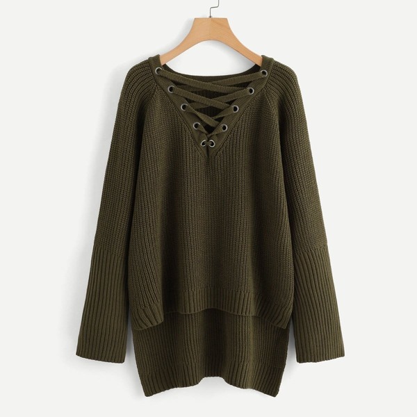 

Plus Grommet Crisscross Step Hem Sweater