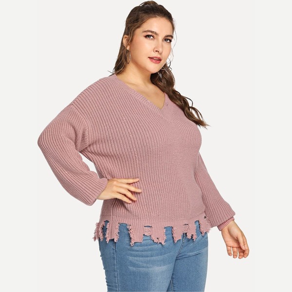 

Plus Solid V Neck Raw Hem Jumper