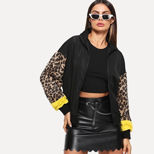 

Zip Up Contrast Leopard Sleeve Jacket, Black