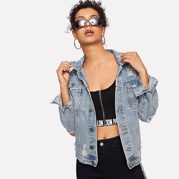 

Ripped Bleach Wash Denim Jacket, Blue