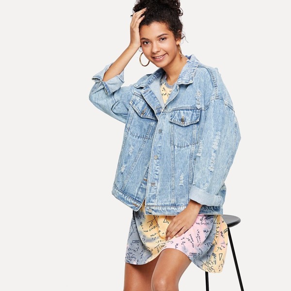 

Ripped Bleach Wash Denim Jacket