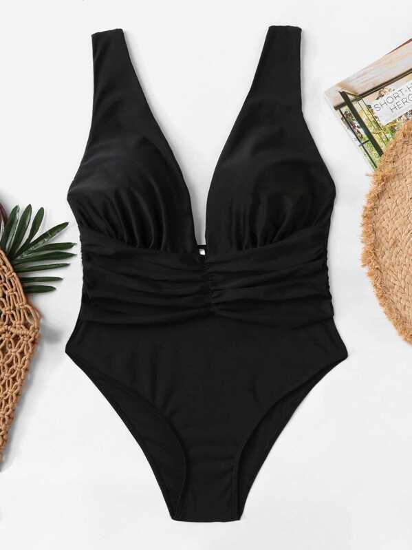 

Deep Plunge Ruched One Piece Swimsuit, Black