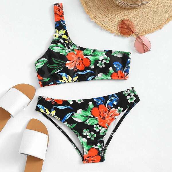 

One Shoulder Floral Bikini Set, Multicolor