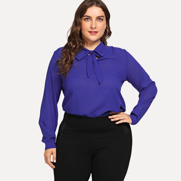 

Plus Tie Neck Solid Blouse, Navy
