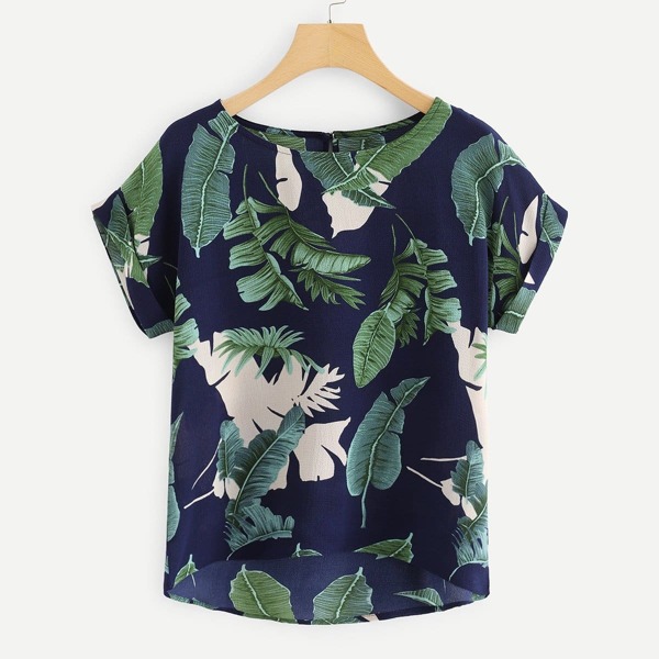 

Plus Tropical Print Dip Hem Blouse, Multicolor