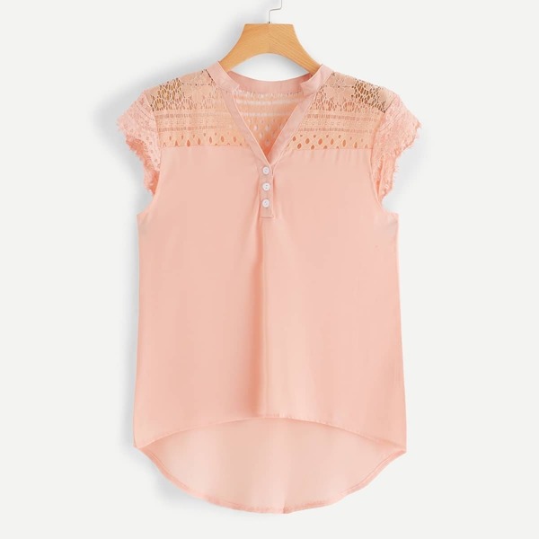 

Contrast Lace Dip Hem Blouse, Pink