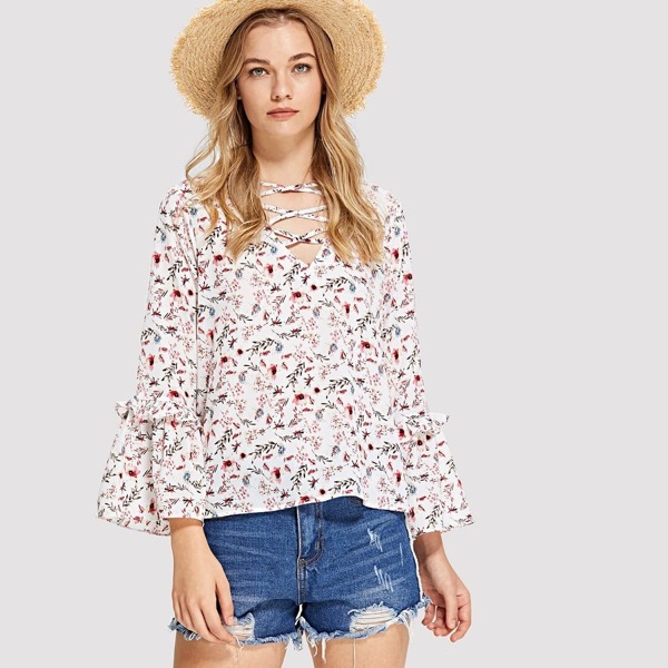 

Criss Cross Front Flounce Sleeve Blouse, Beige