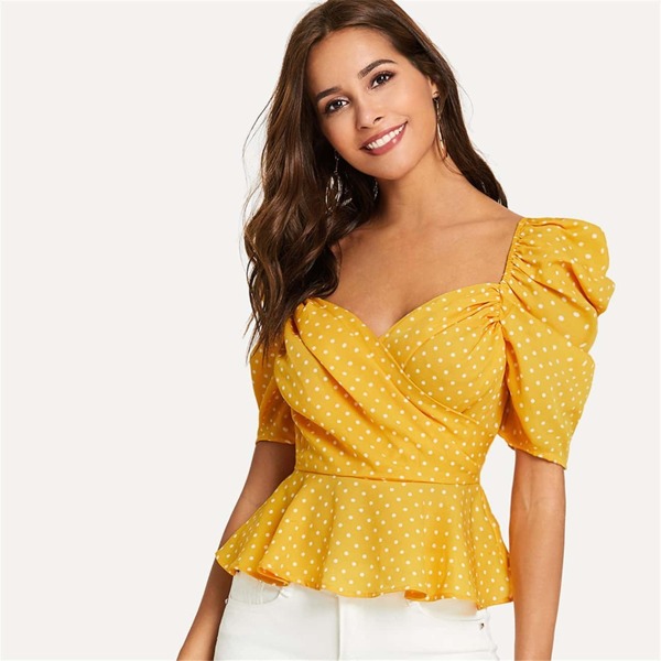 

Polka Dot Puff Sleeve Peplum Top