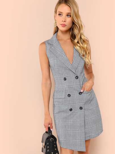 Vestido cruzado de cuadros con botones y cuello notch