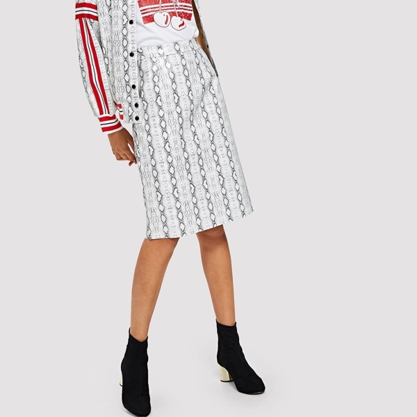 

Faux Leather Stripe & Snake Print Slit Skirt, Black and white
