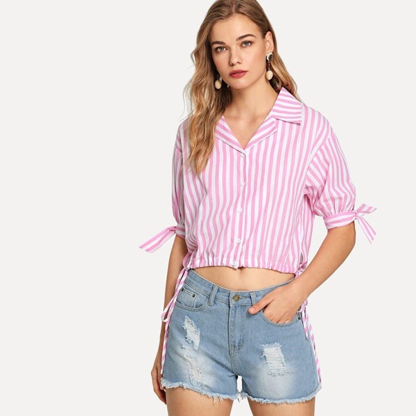 

Notched Collar Knot Striped Shirt