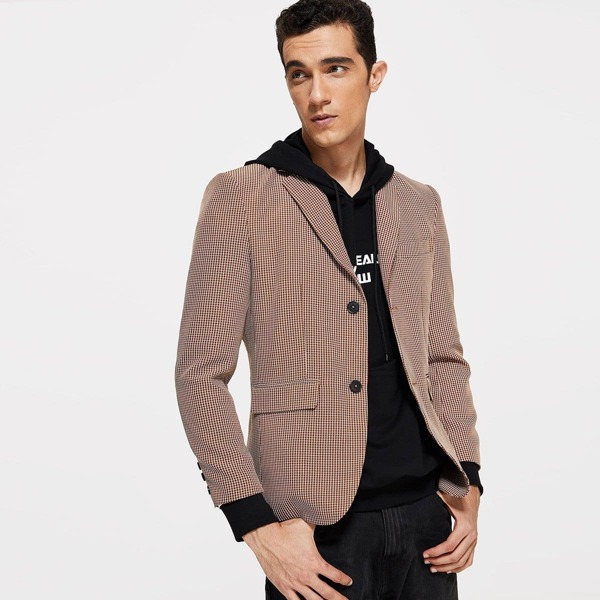 

Men Single Breasted Plaid Print Blazer, Khaki