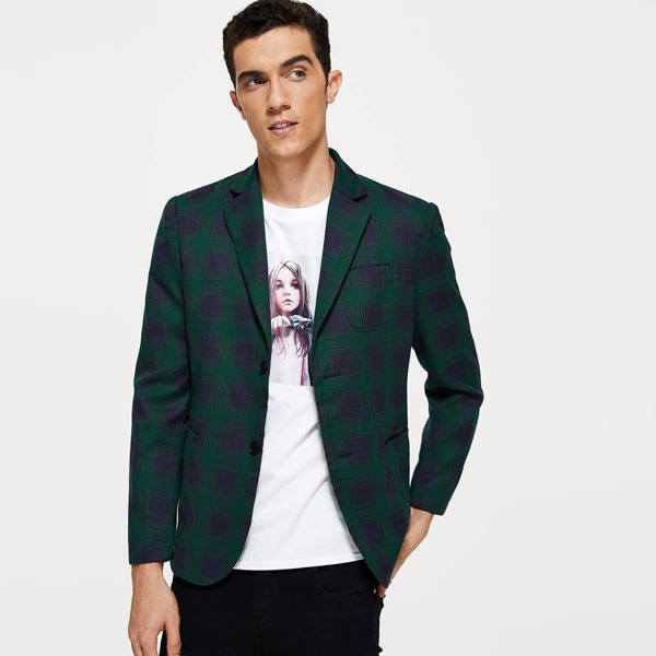 

Men Chest Pocket Detail Plaid Blazer
