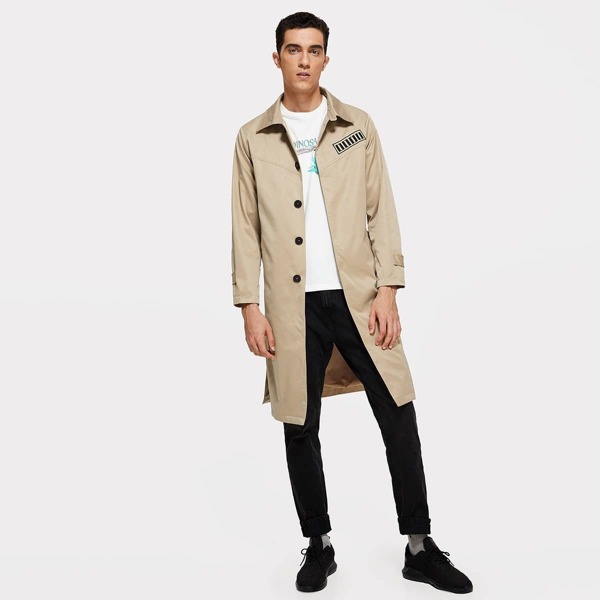 

Men Side Slit Belted Coat, Khaki