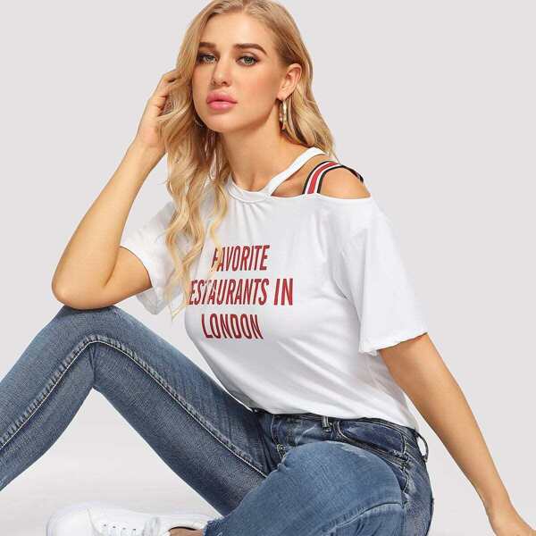 

Striped Tape One Cold Shoulder Slogan Graphic Tee, White