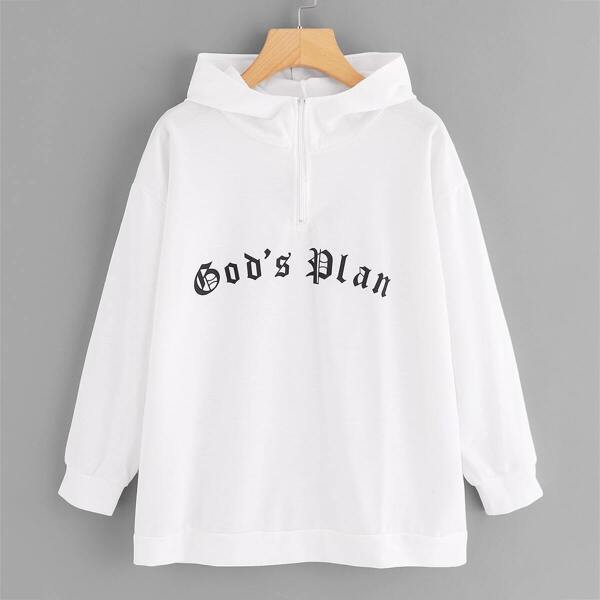 

Letter Print Zipper Front Hoodie, White