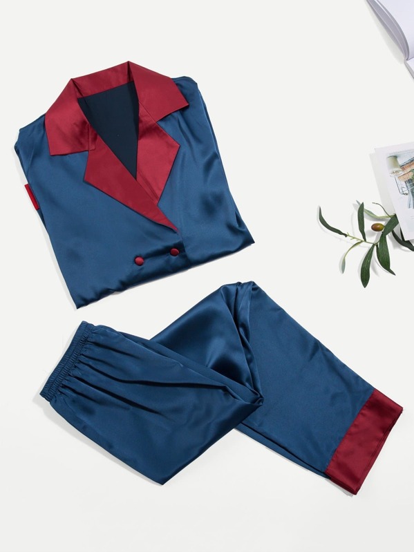 

Contrast Collar Button Up Pajama Set, Navy