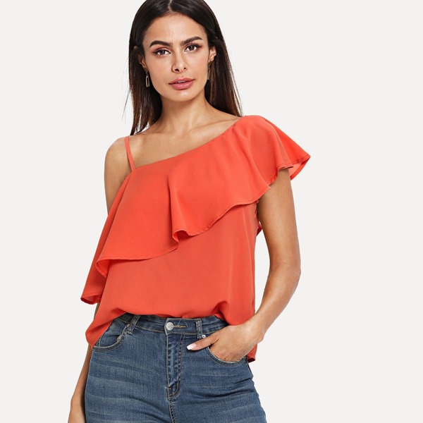 

Asymmetrical Neck Flounce Trim Top