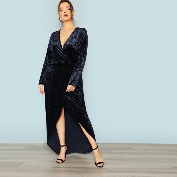 

Plus Velvet Long Sleeve Wrap Dress, Navy