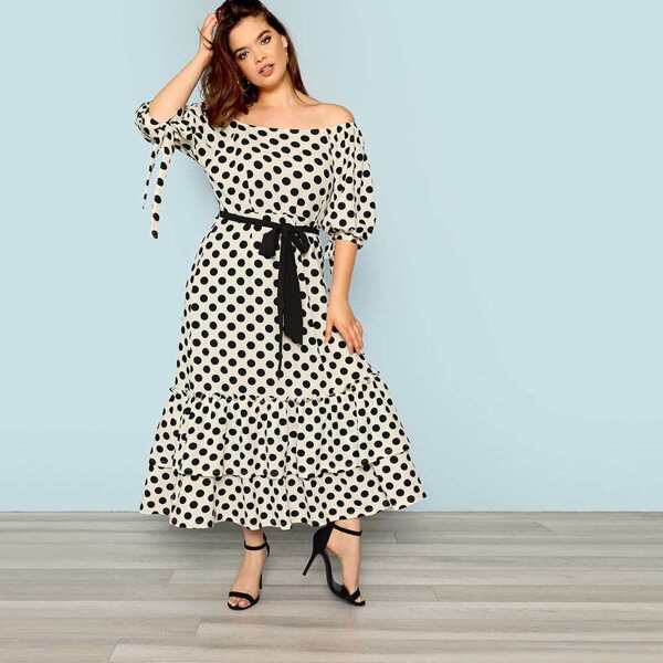

Plus Puff Sleeve Layered Ruffle Polka Dot Dress, Black and white