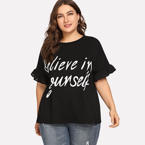 

Plus Letter Print Frill Cuff Tee