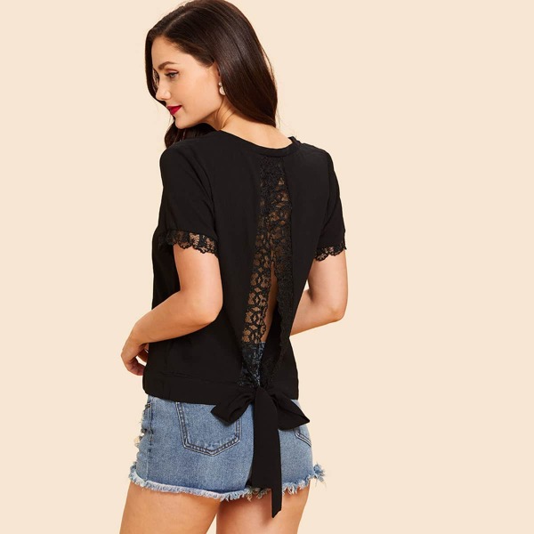 

Lace Trim Split Tied Back Top, Black