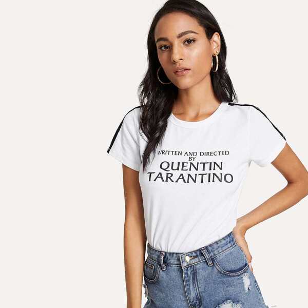 

Striped Sleeve Slogan Graphic Tee, White