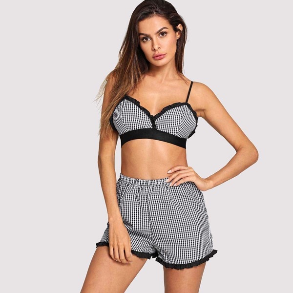 

Gingham Print Cami Top & Shorts PJ Set, Black and white