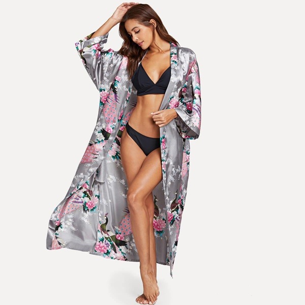 

Peacock & Floral Print Self Tie Longline Robe, Multicolor