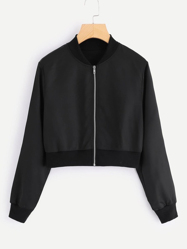 

Solid Zip Up Front Crop Jacket, Black