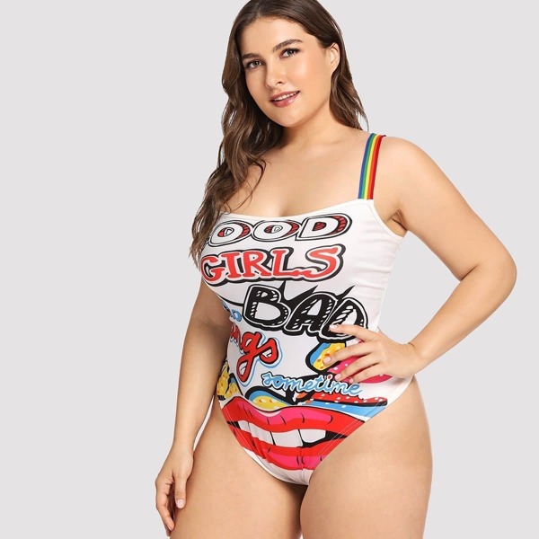 

Plus Rainbow Strap Letter & Lip Graphic Bodysuit, Multicolor