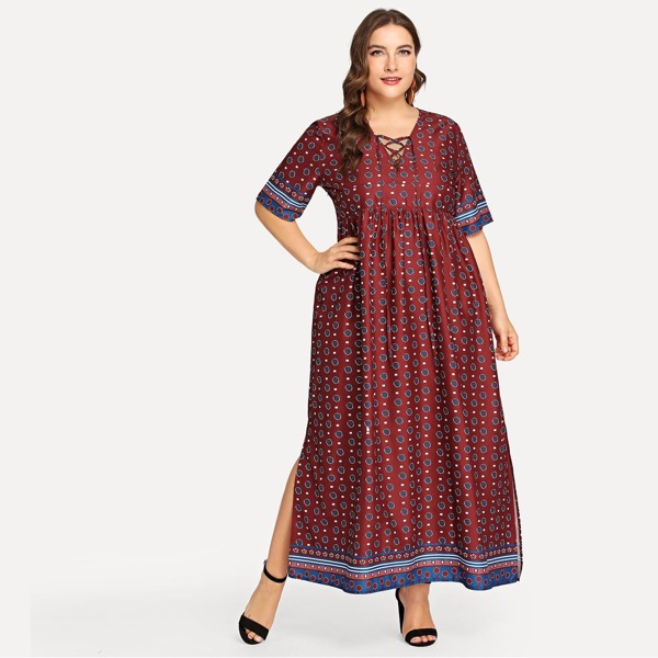 

Plus Split Hem Floral Print Dress, Burgundy