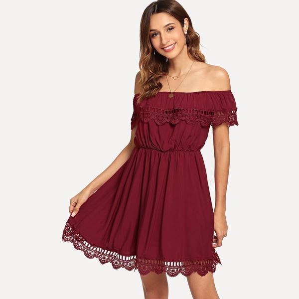 

Cut Out Ruffle Trim Off The Shoulder Dress, Burgundy