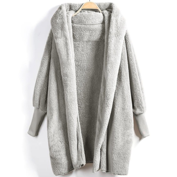 

Open Front Fuzzy Hooded Teddy Coat, Light grey