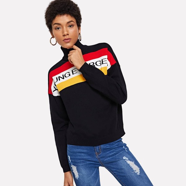

Letter Print Striped Jumper, Black