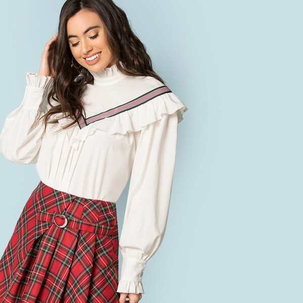 

Tie Neck Contrast Striped Ruffle Вверх, Белые