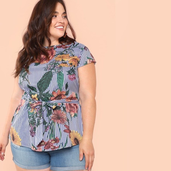 

Plus Tie Waist Floral & Striped Top, Multicolor
