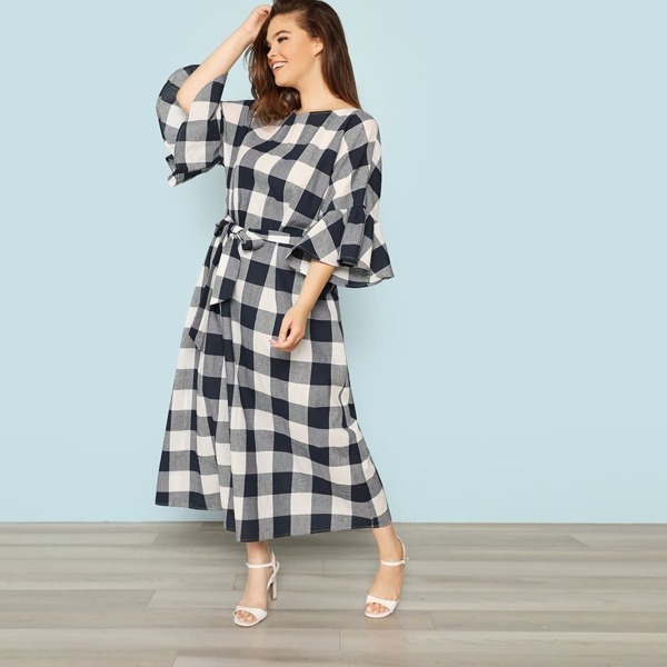 Plus Exaggerated Flounce Sleeve Self Belted Plaid Dress