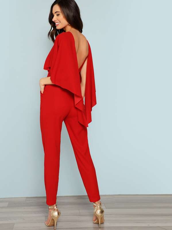 

Slant Pocket Backless Cape Jumpsuit, Red, Isadora Amorim