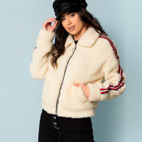 

Striped Sleeve Faux Fur Teddy Coat, Beige