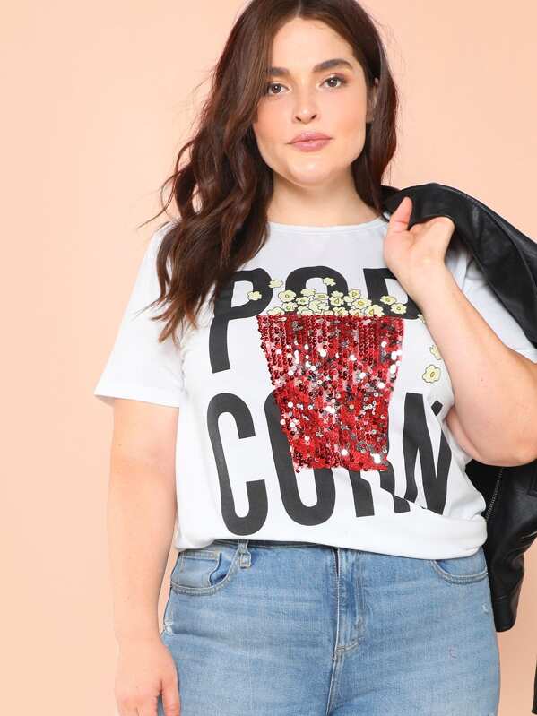 

Plus Sequin Popcorn & Letter Graphic T-shirt, White, Brianna Marquez