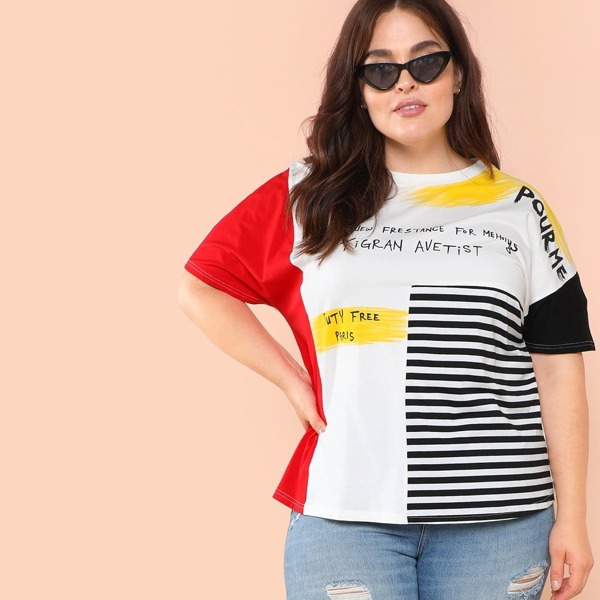 

Plus Mixed Graphic Colorblock Tee, Multicolor