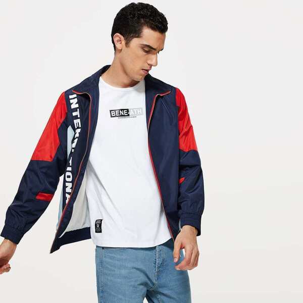 

Men Zip Up Color Block Letter Jacket, Multicolor